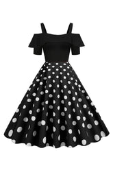 Schwarzes Polka Dots Rockabilly Kleid mit kalten Schultern